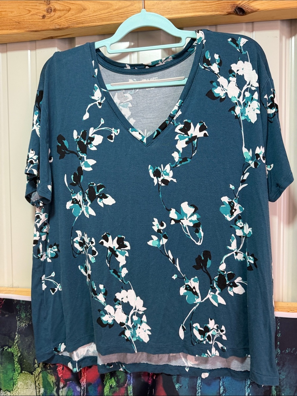 Nine West Teal Floral V-Neck Top
